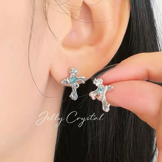 Paraiba Vintage Cross Silver Studs