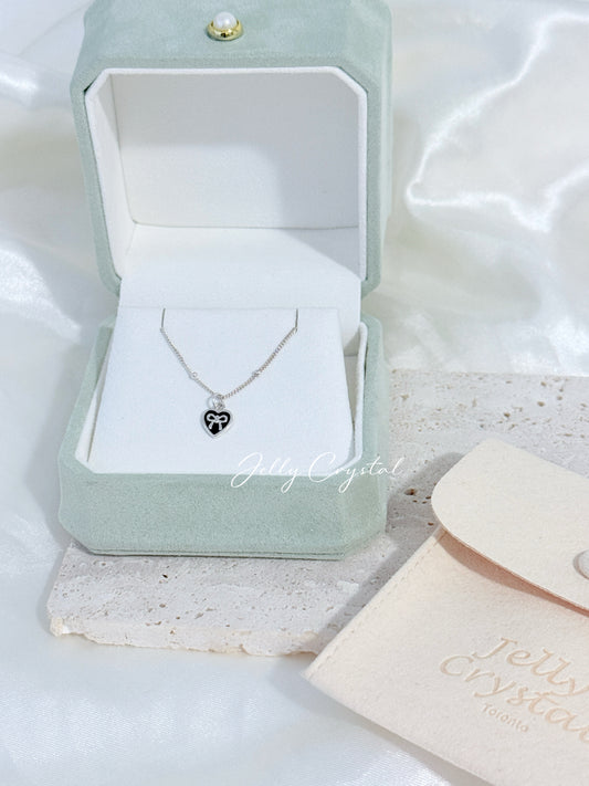 Black Enamel Heart Bow Necklace
