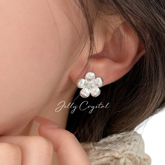 Soft Brushed Silver Flower Studs