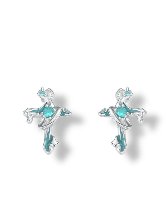 Paraiba Vintage Cross Silver Studs